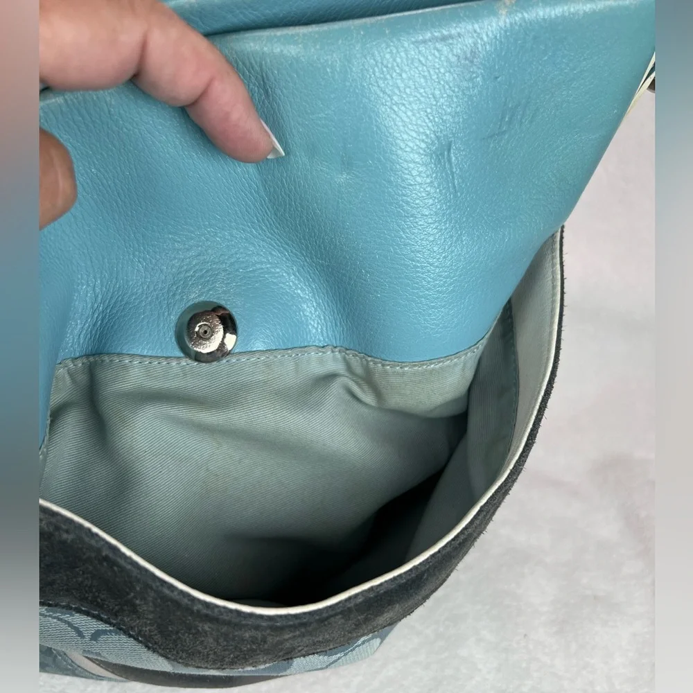 Coach set, blue leather, suede and Jacquard patchwork bag and wallet_4